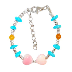Made Of S925 Silver And Natural Turquoise This Bracelet Is Decorated With A Pink Opal Heart Shaped Pendant It's Delicate