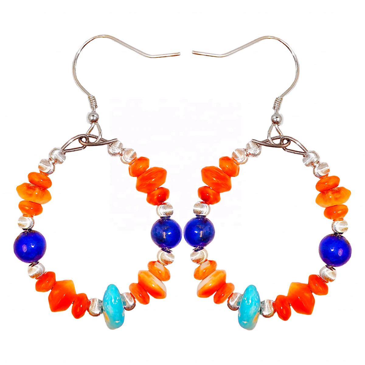 Earrings Are Composed Of Turquoise Lapis Lazuli And Orange Spiny Oyster Paired With Faceted Silver Beads The Delicate