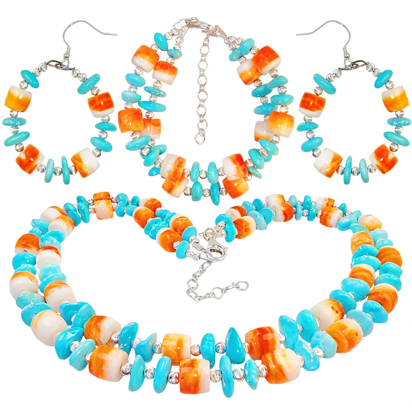 Jewelry Set Is Made Of Natural Sterling Treatment Turquoise Orange Spiny Oyster And S925 Silver The Double Layer Design Creates