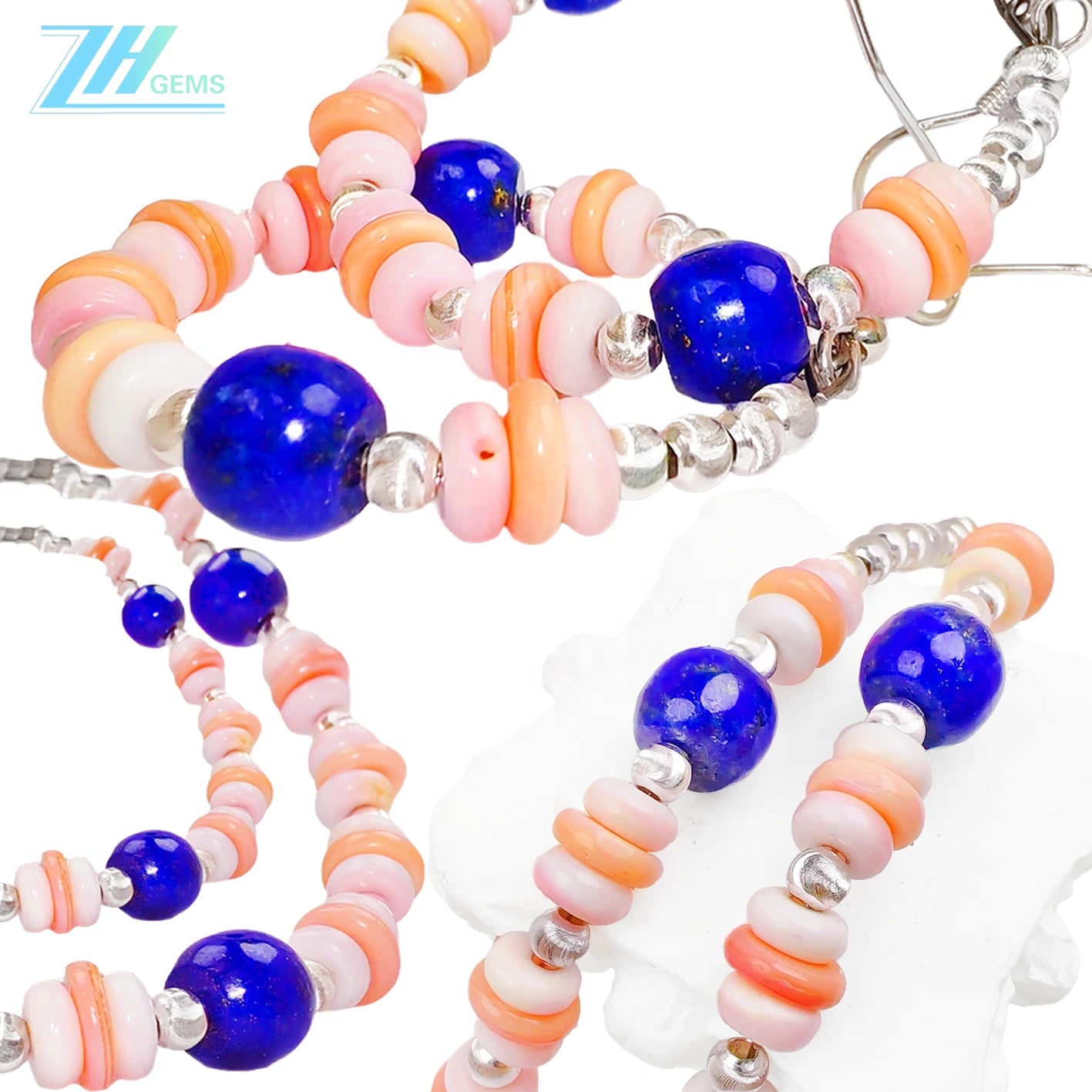 Jewelry Set Pink Opal And Natural Lapis Lazuli Three-piece Set Necklace Earrings Bracelet Beaded Jewelry S925 Silver Classic