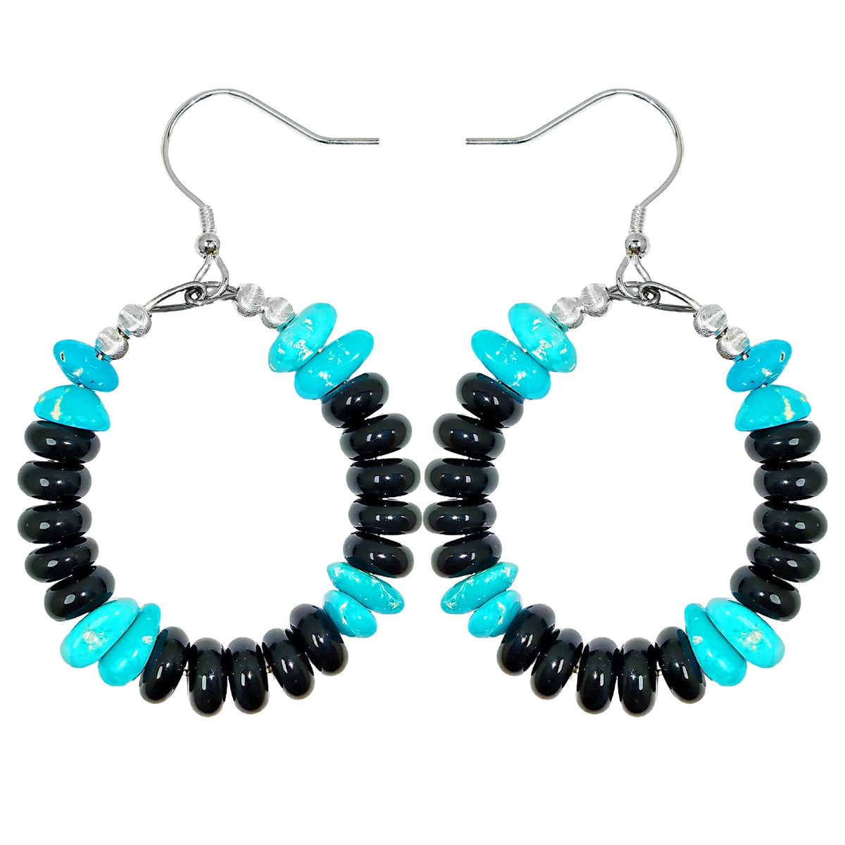 Natural Obsidian and natural Sterling treatment Turquoise form gemstone earrings They are small and delicate adding a mysterious and unique color to the ears