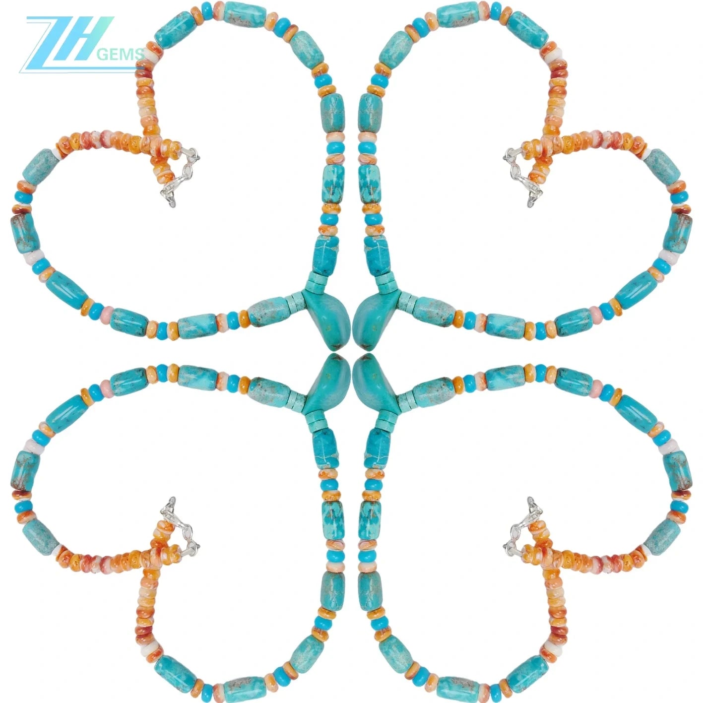 Natural Turquoise And Orange Spiny Oyster Blue Color With Orange Free-shape Barrel And Roundle Deads Necklace As Gift