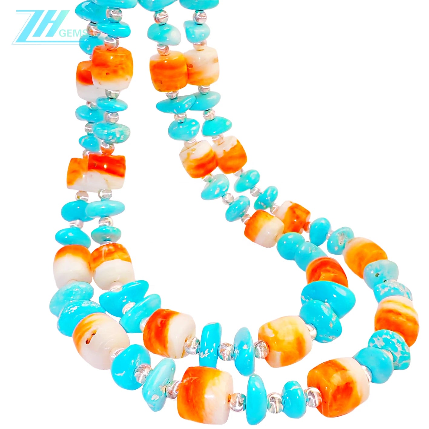 The Double Layer Design Combines Natural Sterling Treatment Turquoise With S925 Silver Beads With Orange Spiny Oyster Dotted