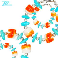 Earrings Are Made Of Natural Sterling Treatment Turquoise And Orange Spiny Oyster Decorated With Threaded Silver Beads