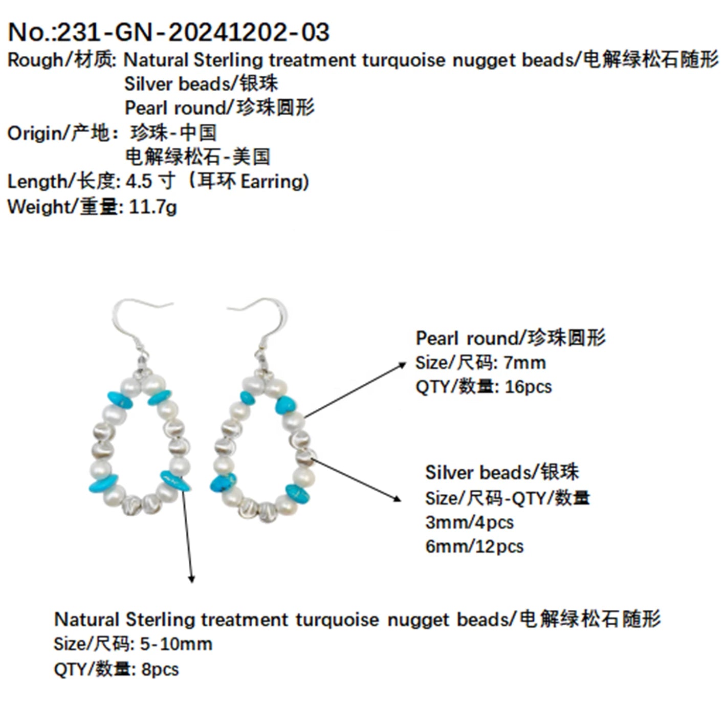 High Quality Pearl Earrings Turquoise With S925 Silver Delicate Bracelet Jewelry Custom Design Modern Style Jewelry