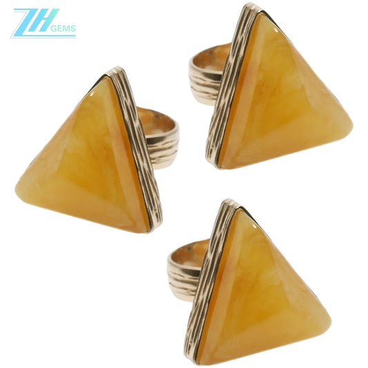 Baltic Lithuanian Amber Ring Lemon And White Marbled Adjustable Size 925 Sterling Silver Triangle Shape