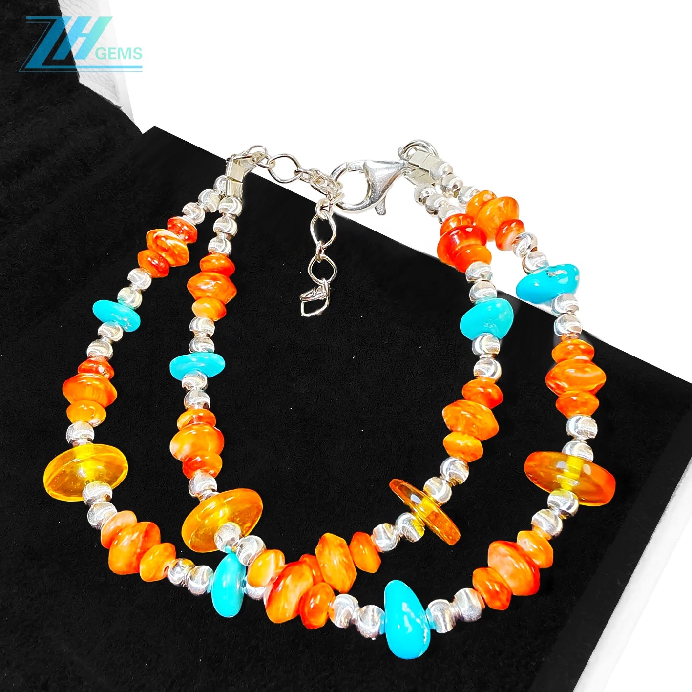 Natural Orange Spiny Oyster Amber And Turquoise Meet On The S925 Silver Double Layer Bracelet Weaving A Unique