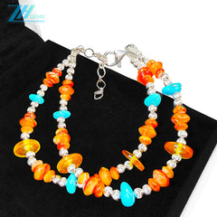 Natural Orange Spiny Oyster Amber And Turquoise Meet On The S925 Silver Double Layer Bracelet Weaving A Unique