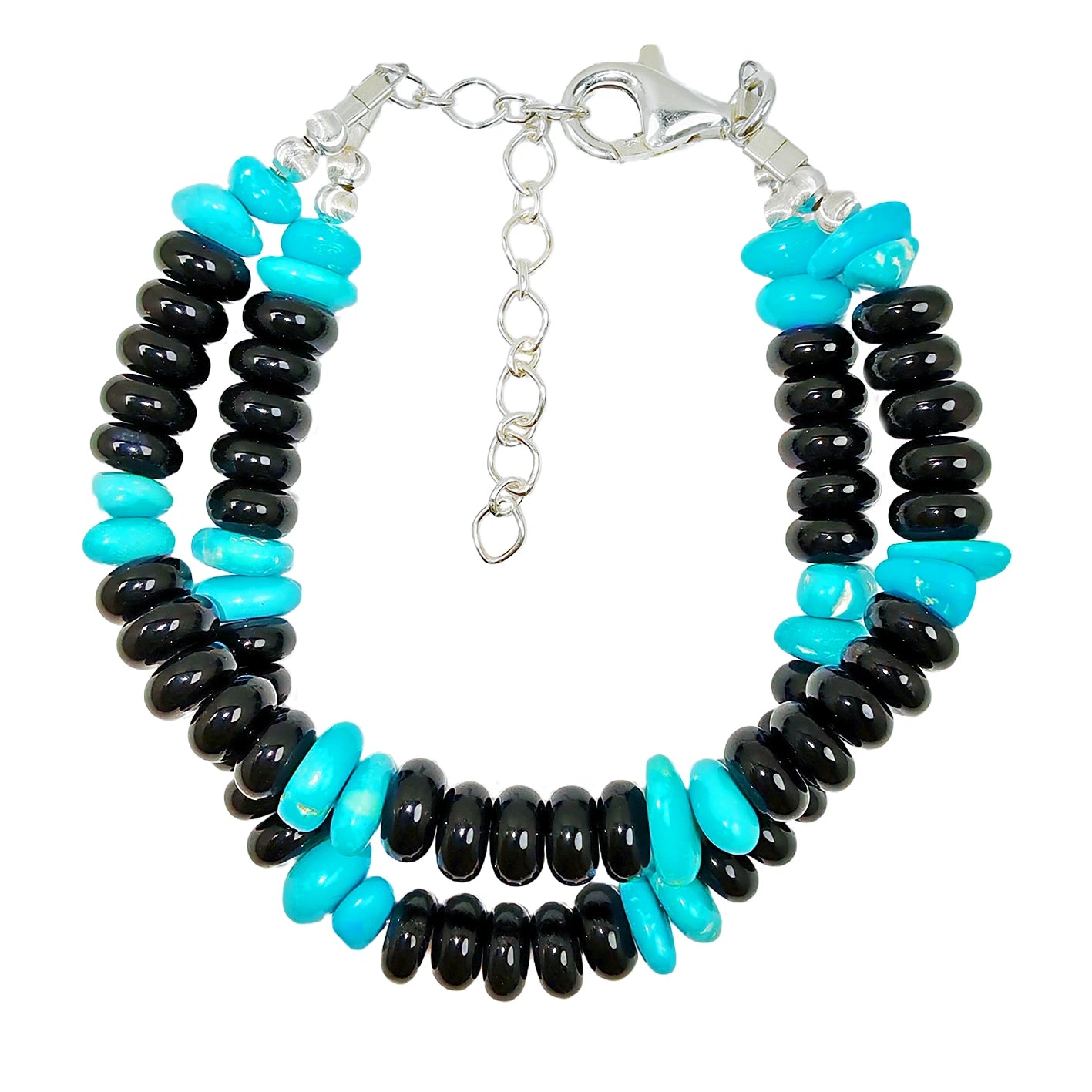 Natural Obsidian Abacus Shaped Beads And Sterling Treatment Turquoise Meet On The Double Layer Bracelet Creating Wrist Styl