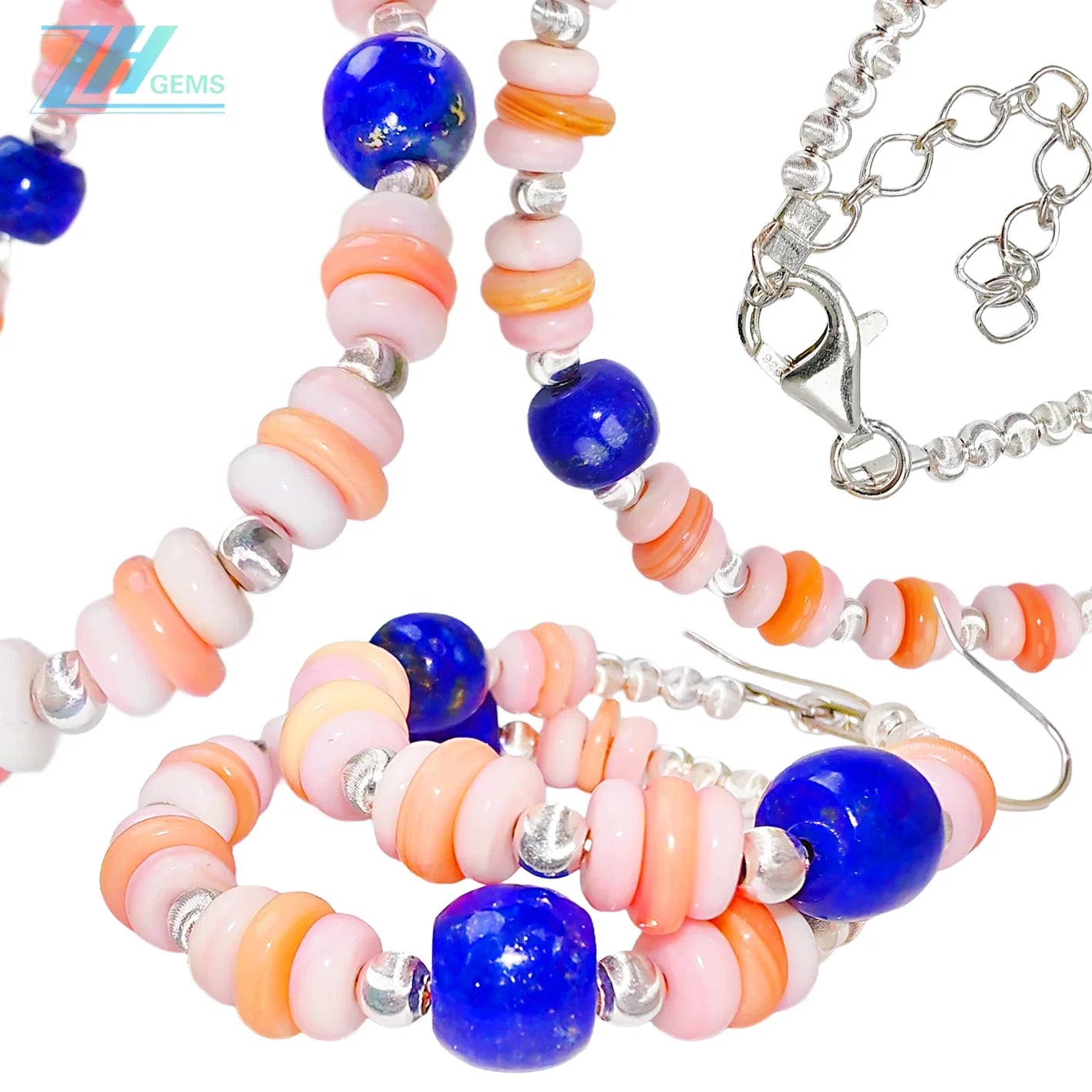 Jewelry Set Pink Opal And Natural Lapis Lazuli Three-piece Set Necklace Earrings Bracelet Beaded Jewelry S925 Silver Classic