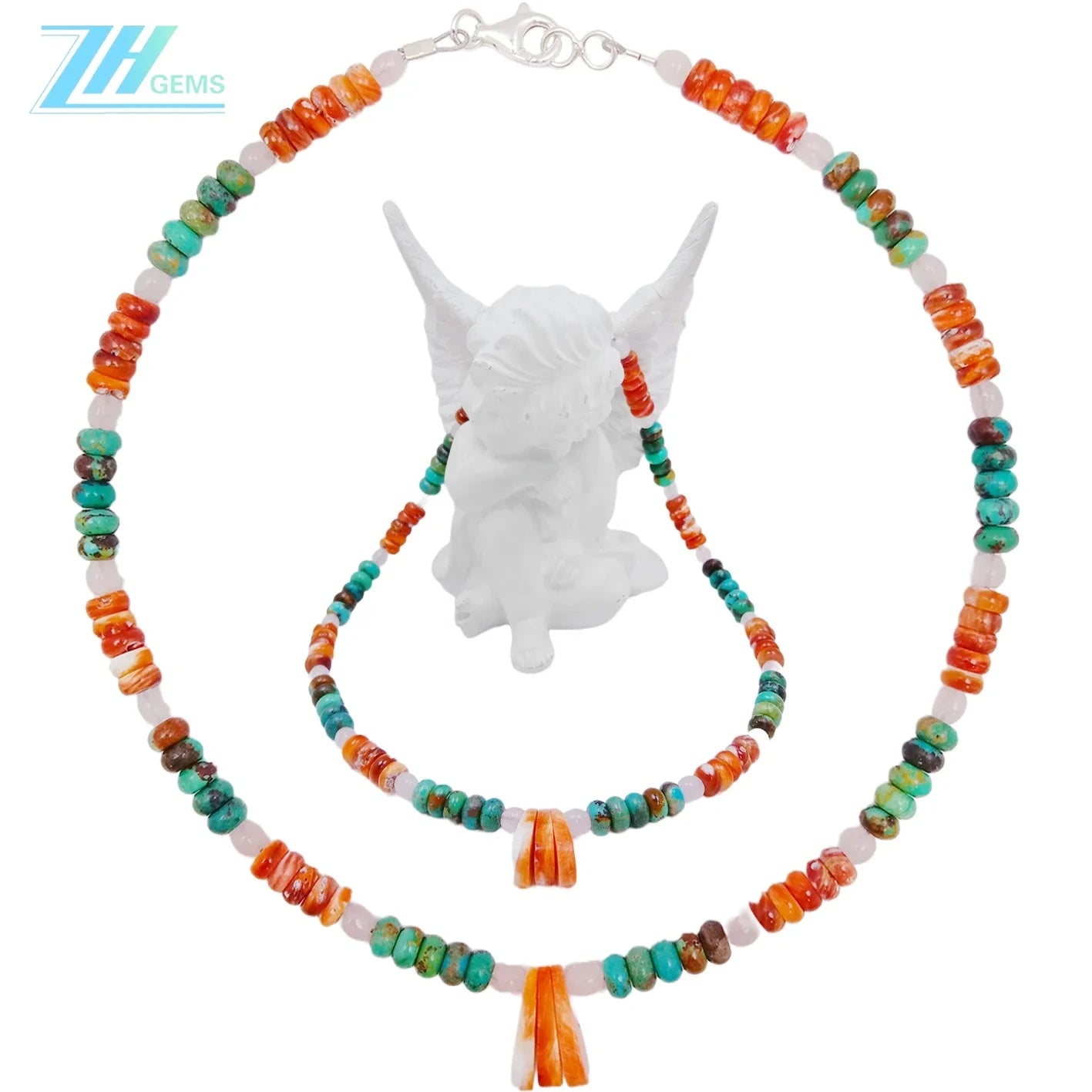 Spiny Oyster Rose Quartz Natural Turquoise 16inch Orange Green Gemstone 23g As Gift For Mon And Girlfriend Summer