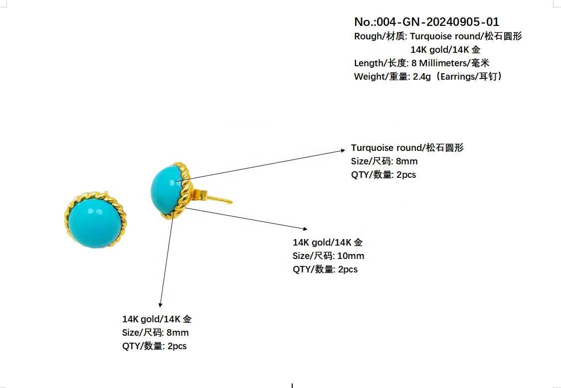 14k Gold Natural Sterling Treatment Turquoise Round Earrings Sleeping Beauty Mine Jewelry Female Custom As Gift