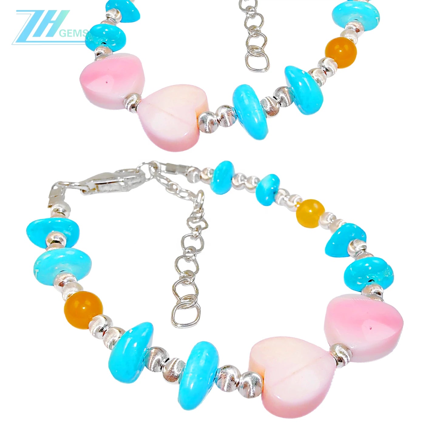Made Of S925 Silver And Natural Turquoise This Bracelet Is Decorated With A Pink Opal Heart Shaped Pendant It's Delicate