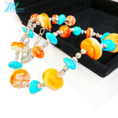 Necklace Features S925 Silver Beads Strung With Natural Sterling Treatment Turquoise And Accented With Orange Spiny Oyster