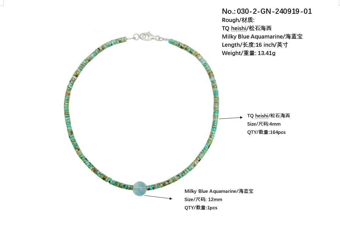 Natural Stablish Turquoise Haixi Natural Aquamarine Round Necklace Versatile Fashion Jewelry Women
