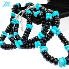 Obsidian S925 Silver Sterling Treatment Turquoise Create Set Double Design Unifies Style Comprehensively Fashionable Mysterious