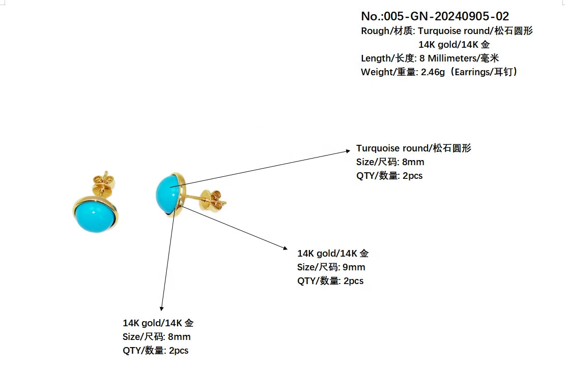 14k Gold Natural Sterling Turquoise Earrings Sleeping Beauty Mine Exquisite Jewelry Female Earrings Round Cab Beauty