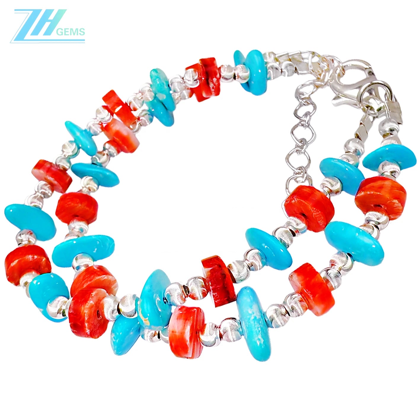 Natural Red Spiny Oyster And Sterling Treatment Turquoise Meet On The Double Layer Bracelet Interweaving A Mysterious