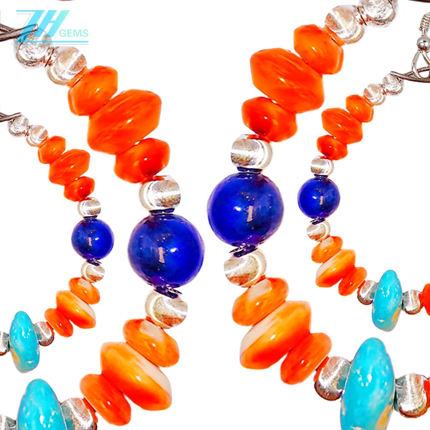Earrings Are Composed Of Turquoise Lapis Lazuli And Orange Spiny Oyster Paired With Faceted Silver Beads The Delicate
