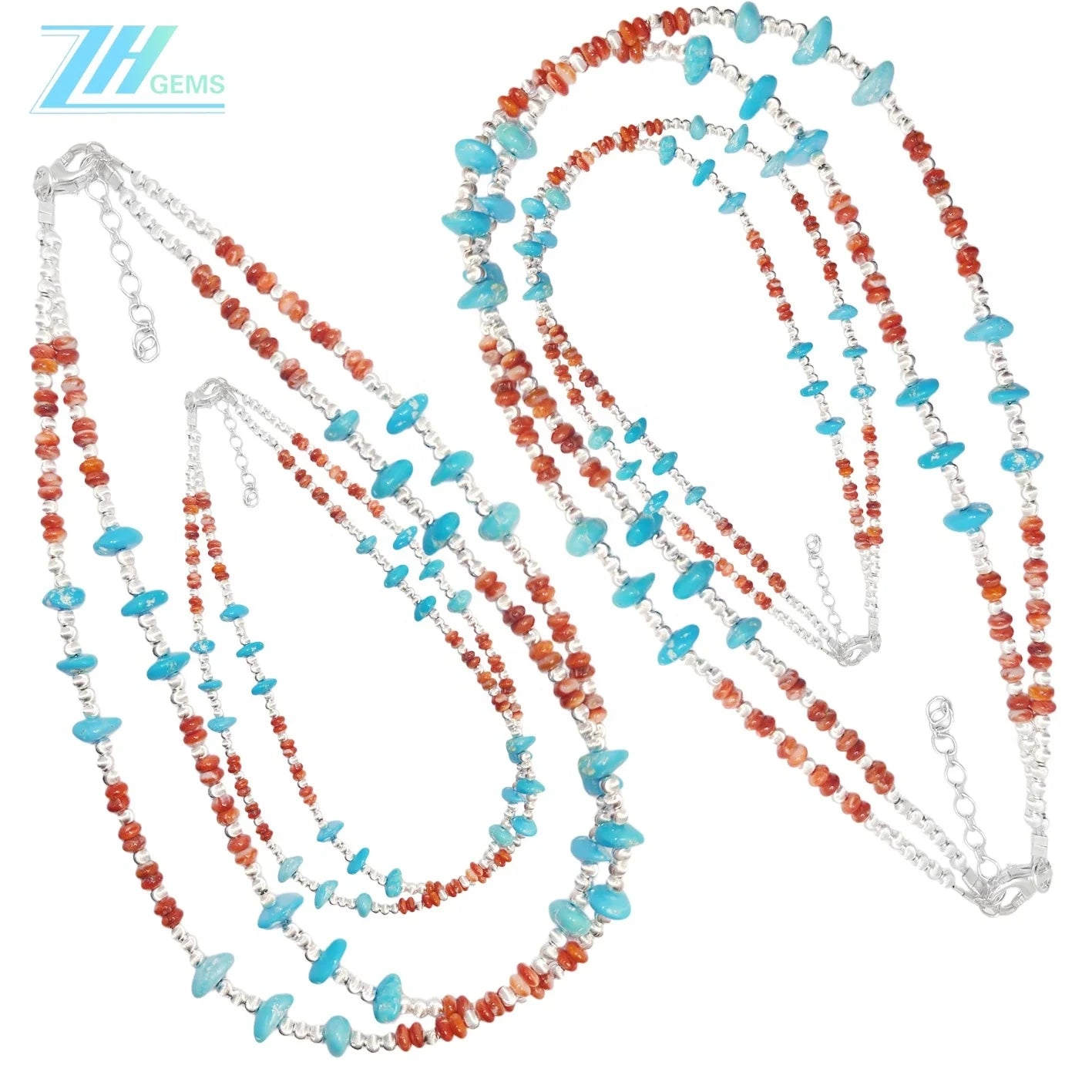 Natural Red Spiny Oyster & Turquoise Premium Women's Double Necklace With Delicate S925 Silver & Natural