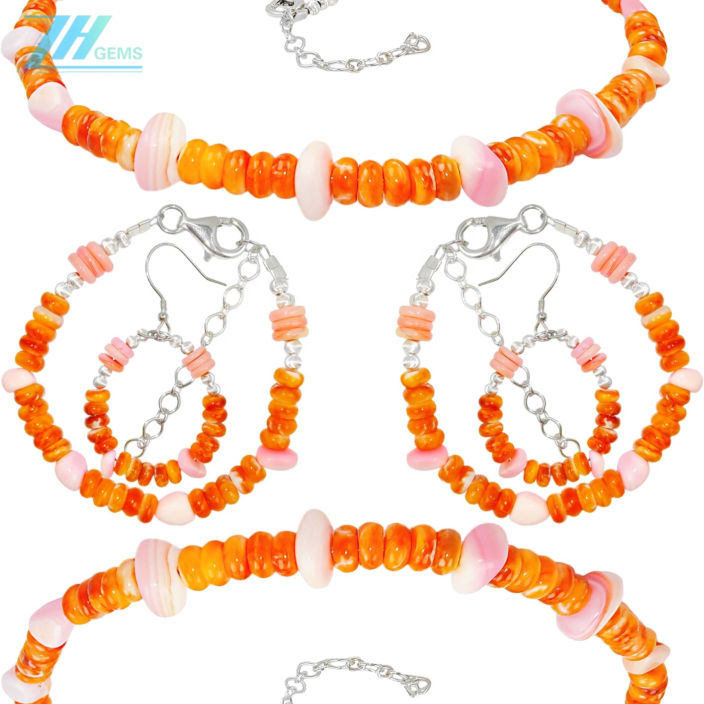Here Comes The Charming Set! The Necklace Earrings And Bracelet Are All Made Of Orange Spiny Oyster And S925 Silver
