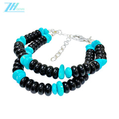 Natural Obsidian Abacus Shaped Beads And Sterling Treatment Turquoise Meet On The Double Layer Bracelet Creating Wrist Styl