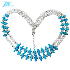 Natural Double Turquoise Necklace Delicate Natural Pearls & Turquoise Beautiful Silver Jewelry Winter Gifts