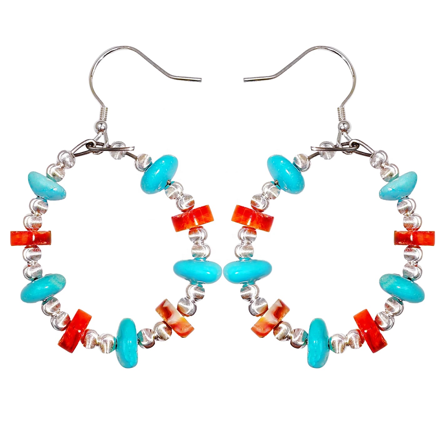 Natural Red Spiny Oyster Amber And Natural Turquoise Form Gemstone Earrings They Sway Vividly Adding A Gorgeous