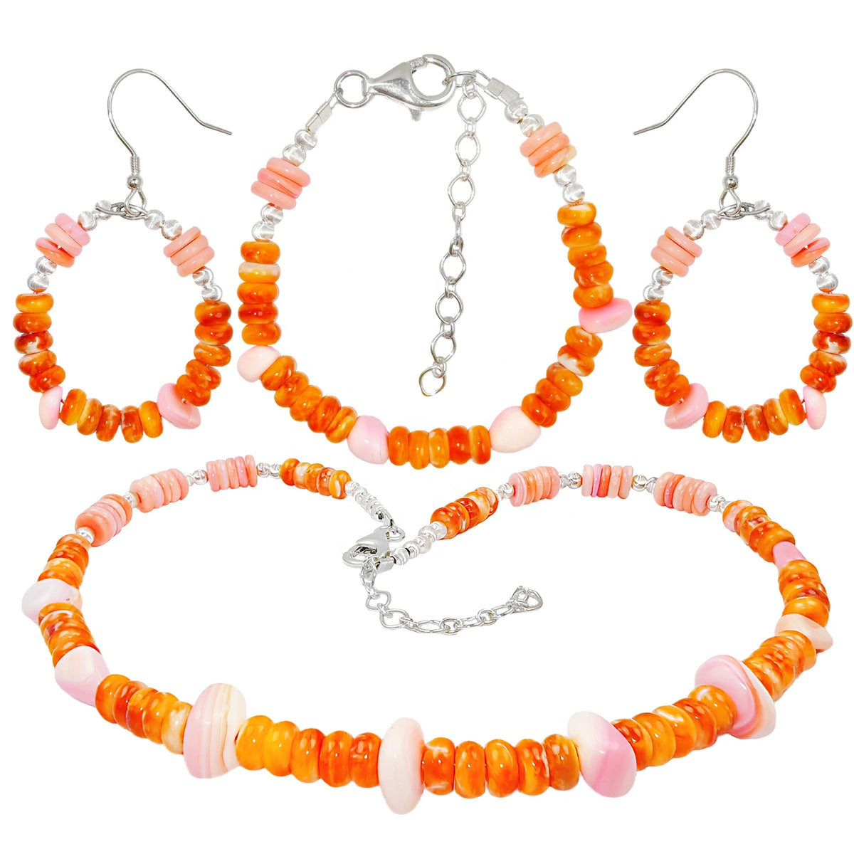 Here Comes The Charming Set! The Necklace Earrings And Bracelet Are All Made Of Orange Spiny Oyster And S925 Silver