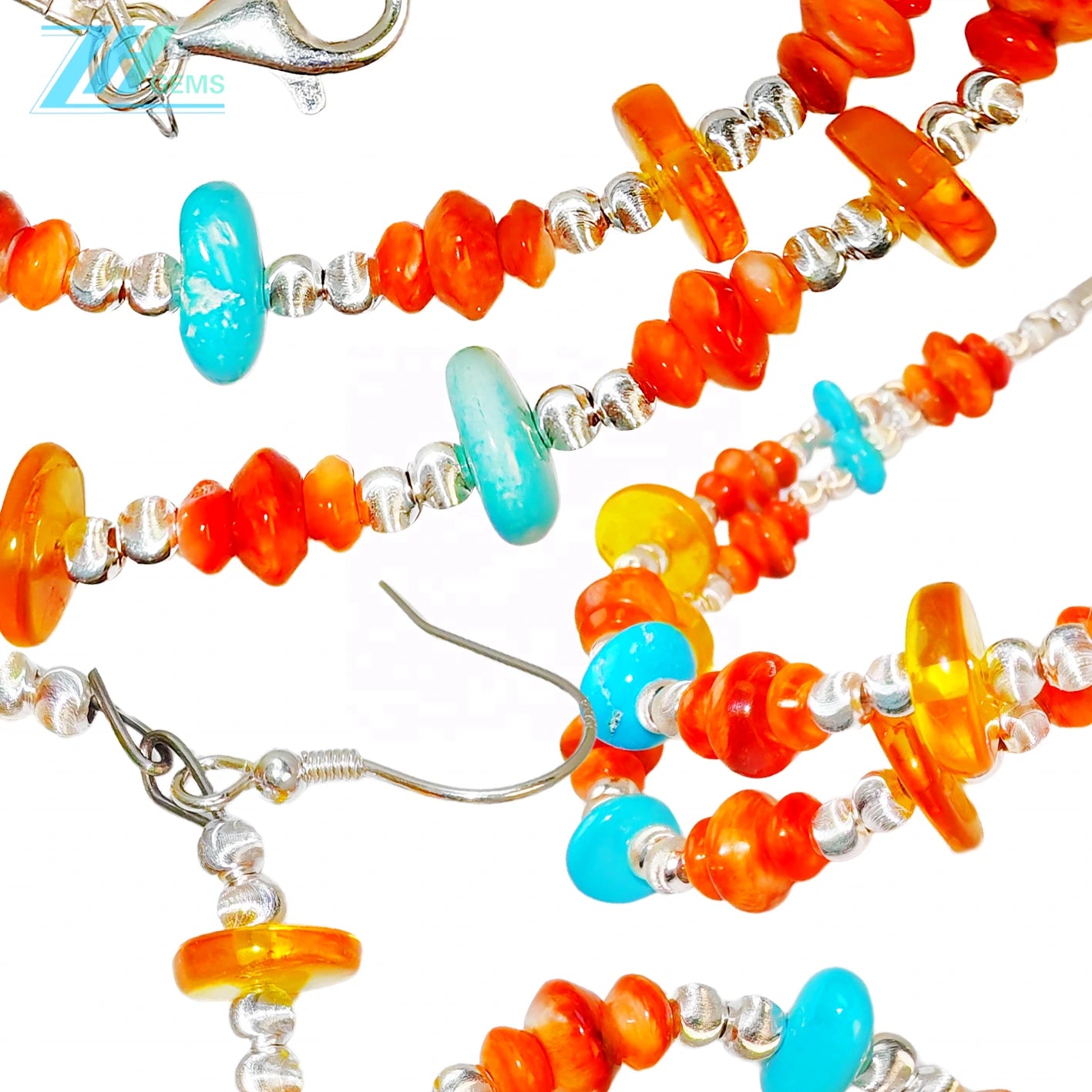 Sterling Treatment Turquoise And Orange Spiny Oyster Are Strung Into A Set By S925 Silver