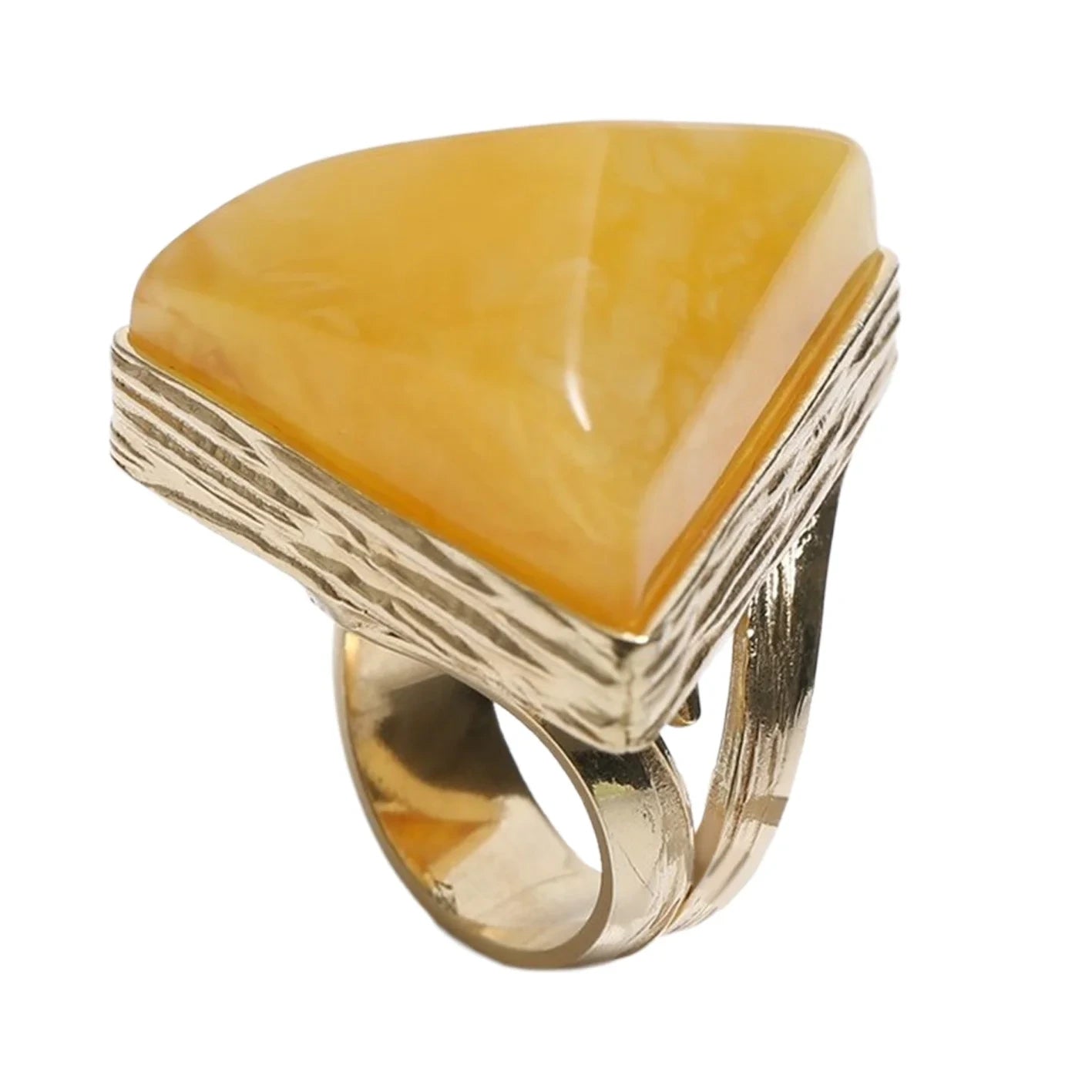 Baltic Lithuanian Amber Ring Lemon And White Marbled Adjustable Size 925 Sterling Silver Triangle Shape