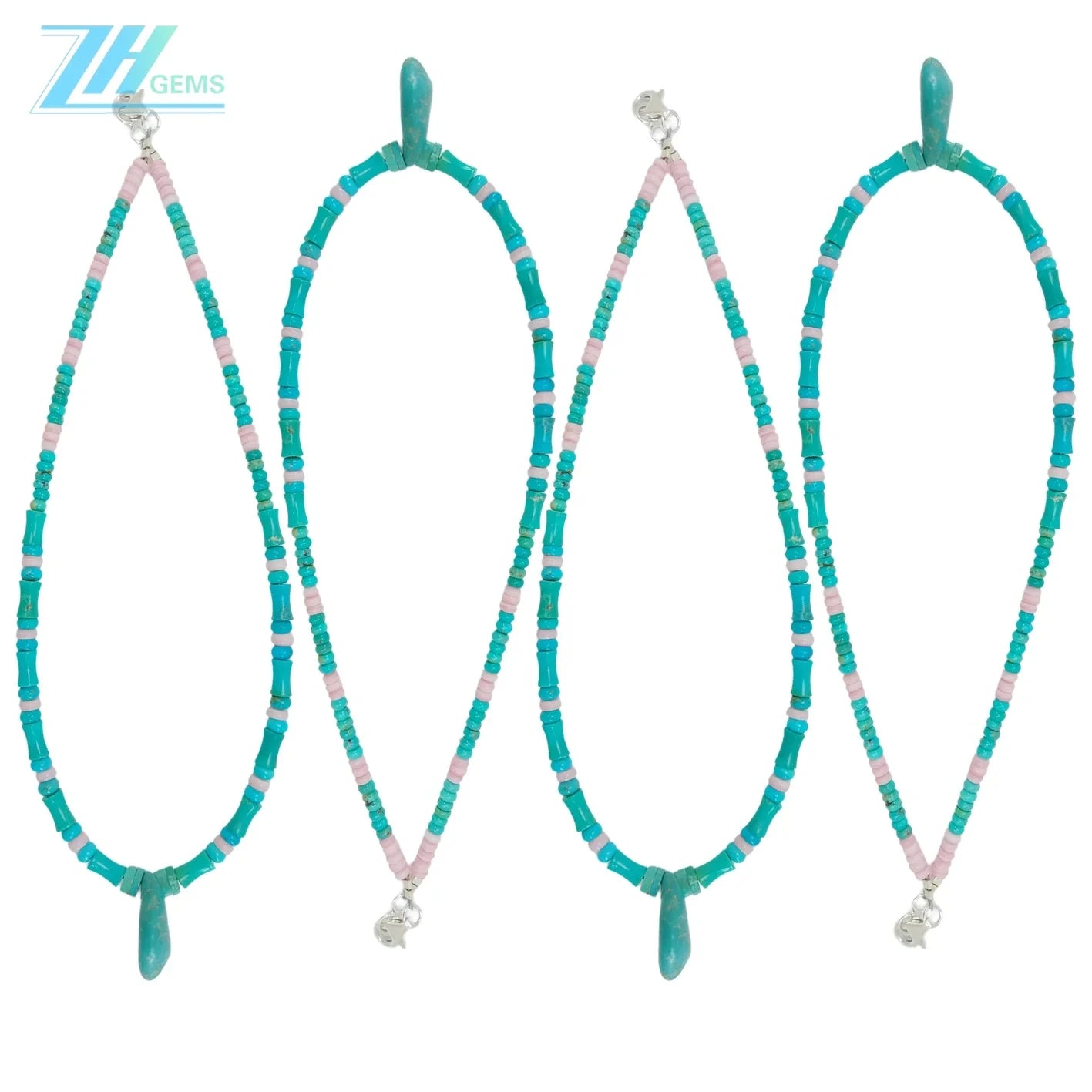 Natural Turquoise And Pink Opal Green Pink Color Roundle With Bamboo Shape Handmade Necklace Simple Atmosphere Jewelry For Gift