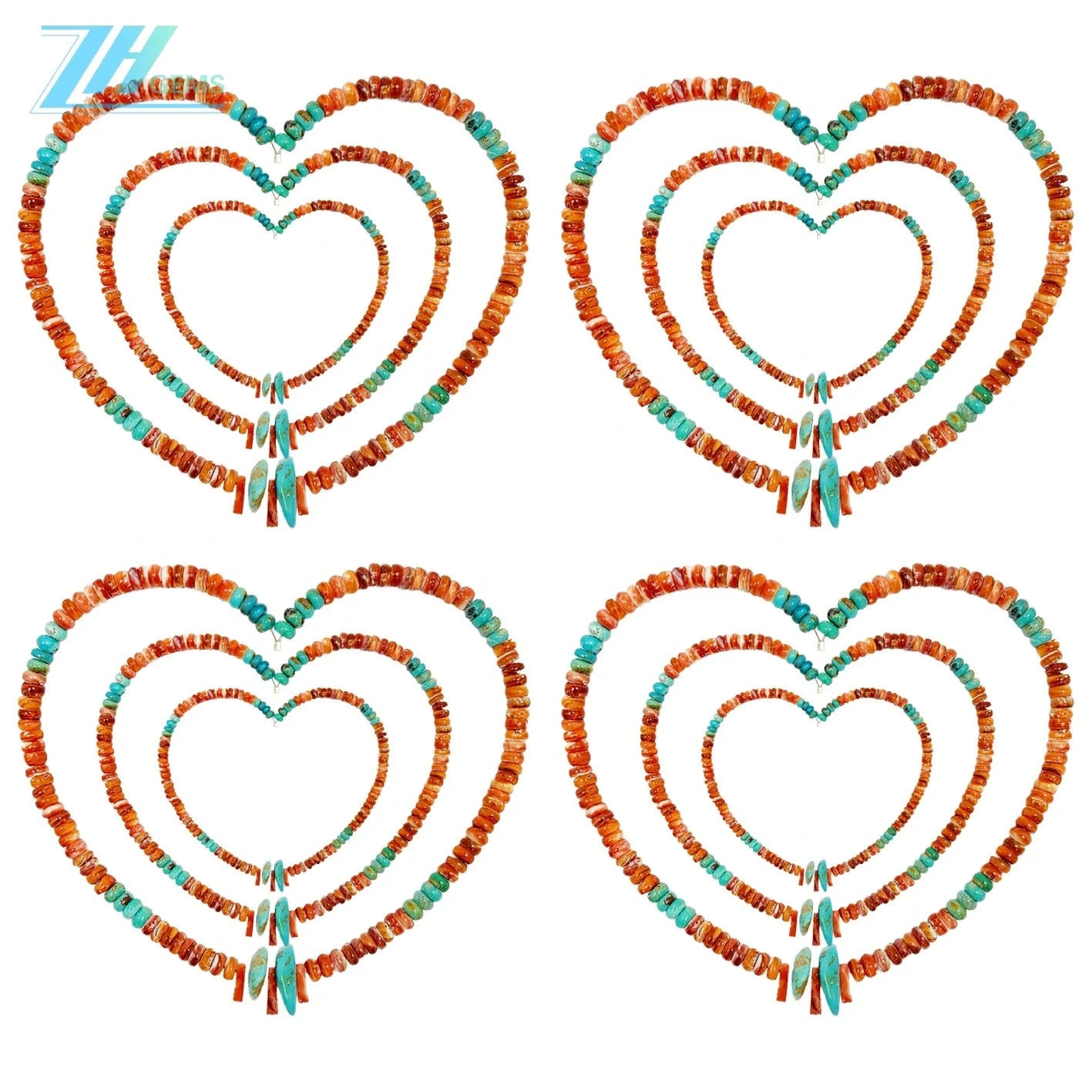 Natural Turquoise Aquamarine Roundle Beads With Milky Orange Spiny Oyster Gemstone Pendant Necklace Full Strand 16inch