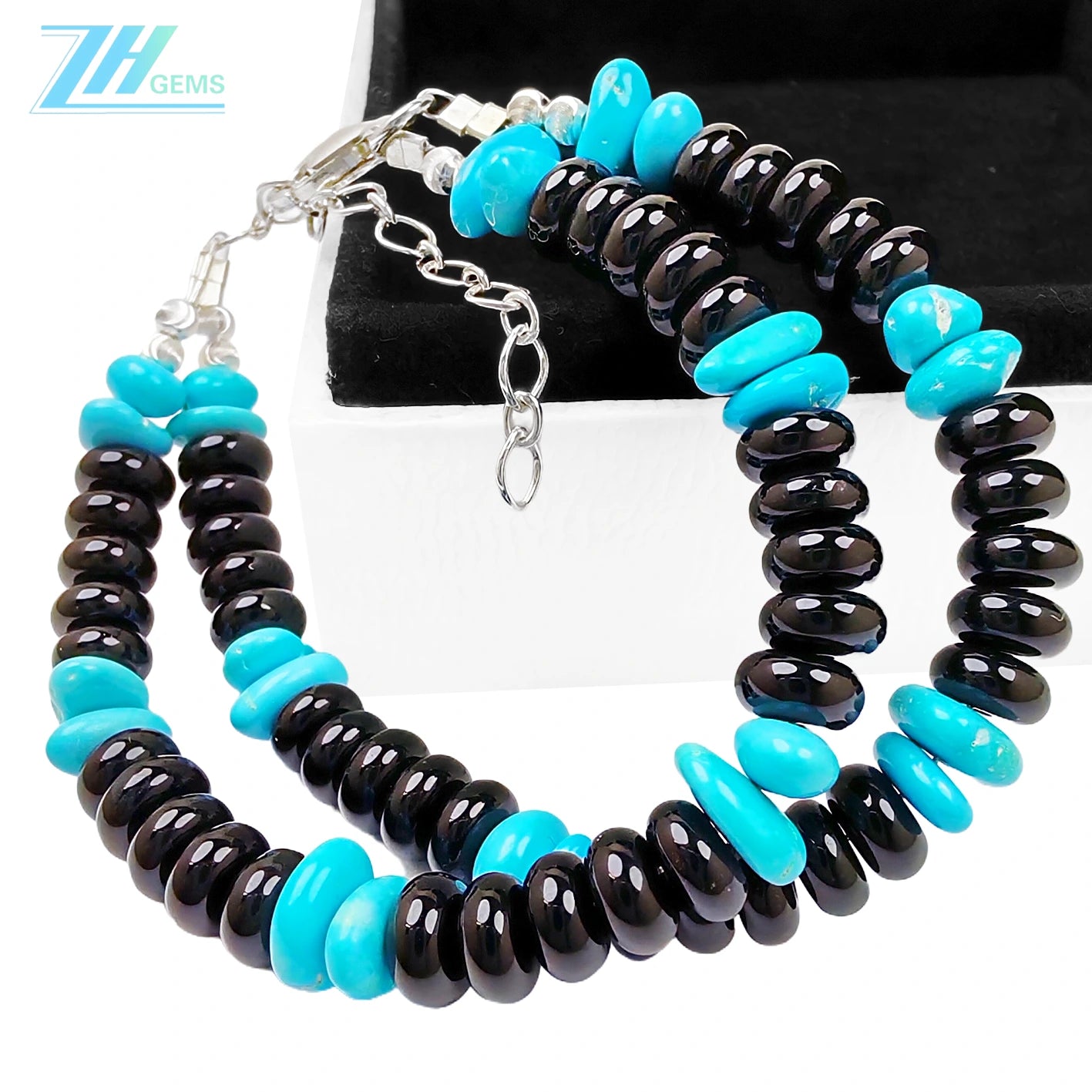 Natural Obsidian Abacus Shaped Beads And Sterling Treatment Turquoise Meet On The Double Layer Bracelet Creating Wrist Styl