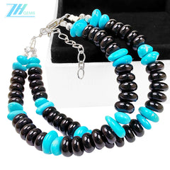 Natural Obsidian Abacus Shaped Beads And Sterling Treatment Turquoise Meet On The Double Layer Bracelet Creating Wrist Styl