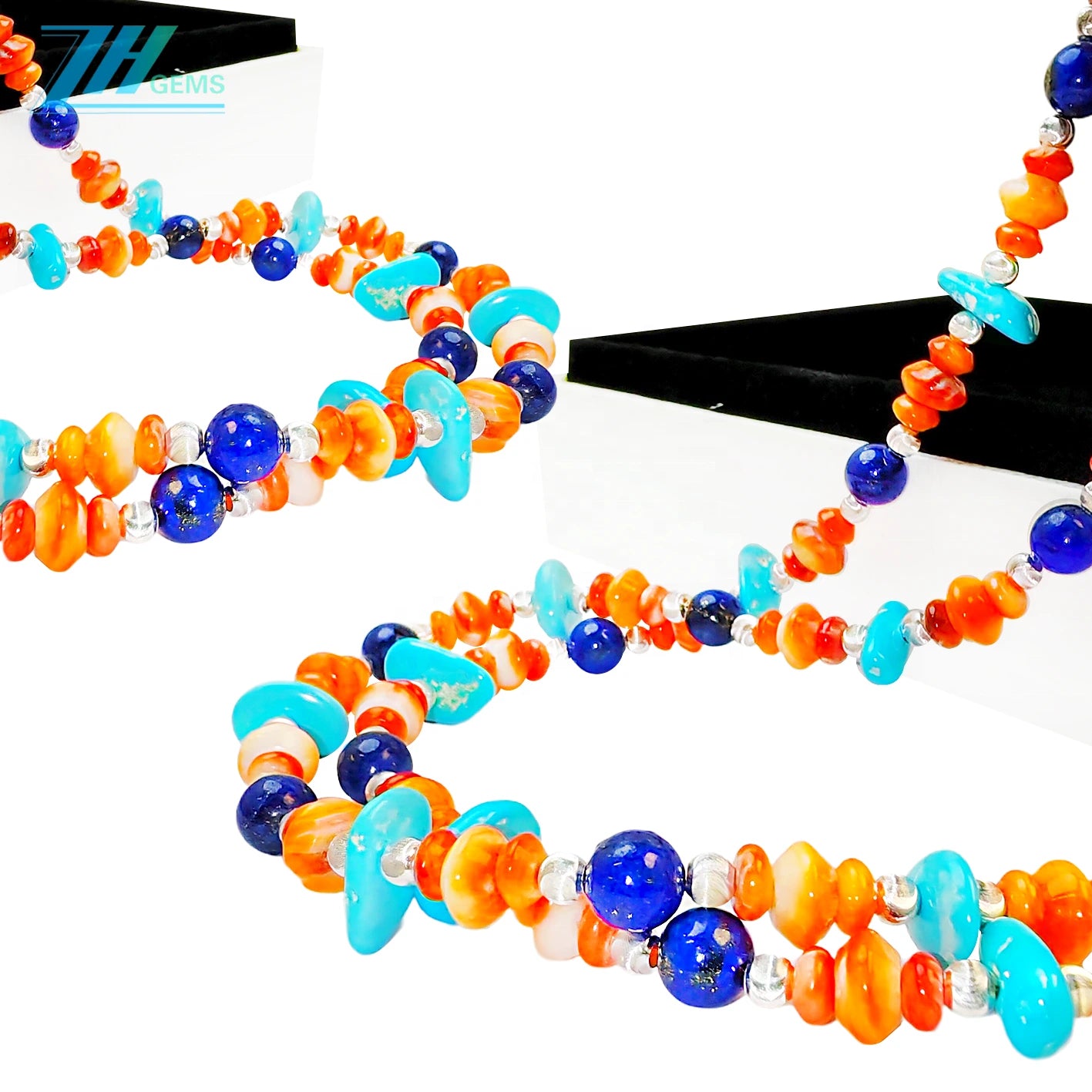 Double Layer Necklace Features Sterling Treatment Turquoise And Lapis Lazuli Strung By S925 Faceted Silver Beads
