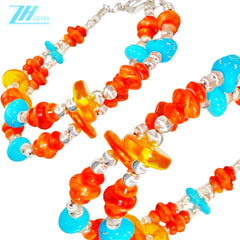 Natural Orange Spiny Oyster Amber And Turquoise Meet On The S925 Silver Double Layer Bracelet Weaving A Unique