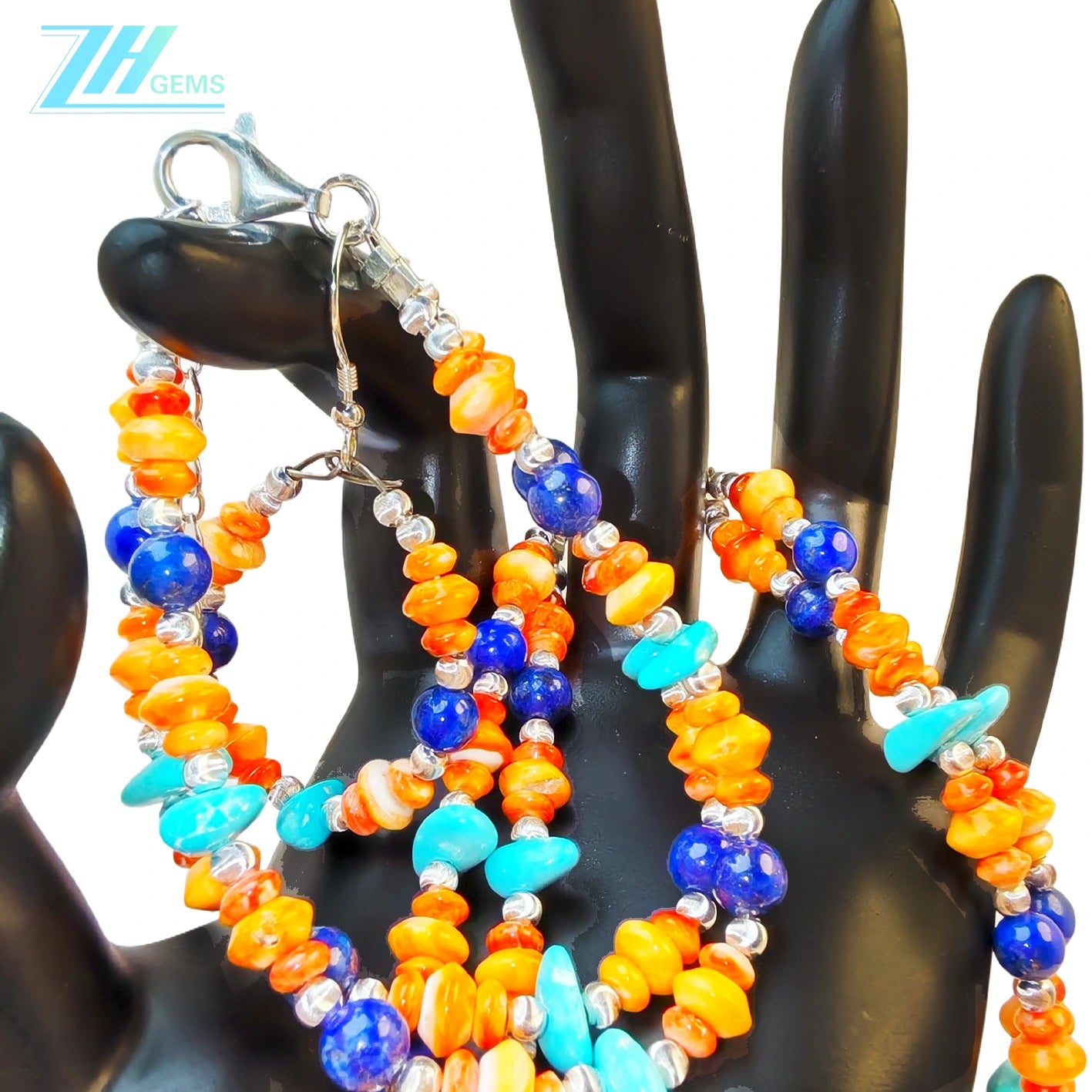 The Set Turquoise Lapis Lazuli Orange Spiny Oyster And S925 Silver Has A Coordinated Double Layer Design It Comprehensively