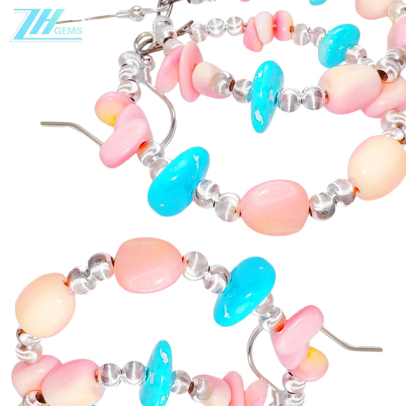 Natural Sterling Treatment Turquoise Earrings With Pink Opal Showing Feminine Beauty Flexible Earrings Sway Gracefully