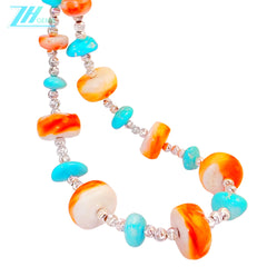 Necklace Features S925 Silver Beads Strung With Natural Sterling Treatment Turquoise And Accented With Orange Spiny Oyster