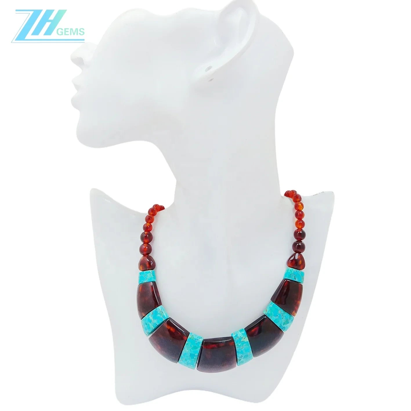 Amber Inset Natural Turquoise Big Necklace 33.3gram 16inch Red Amber Jewelry Many Gemstone Combination For Her