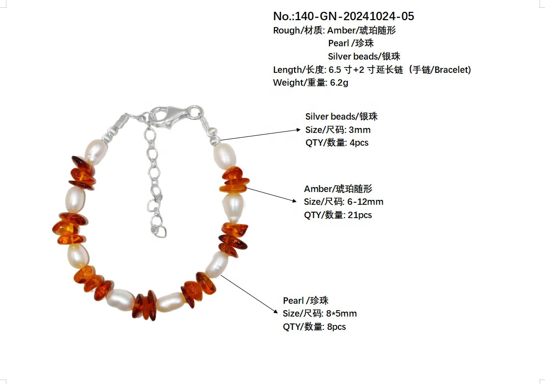 Natural Amber Silver Bracelet Natural Pearl Jewelry S925 Silver Handmade Gifts Exclusive Customization