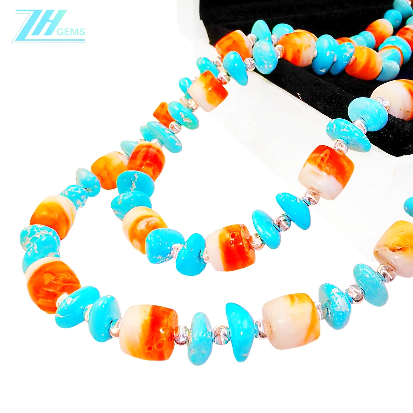 The Double Layer Design Combines Natural Sterling Treatment Turquoise With S925 Silver Beads With Orange Spiny Oyster Dotted