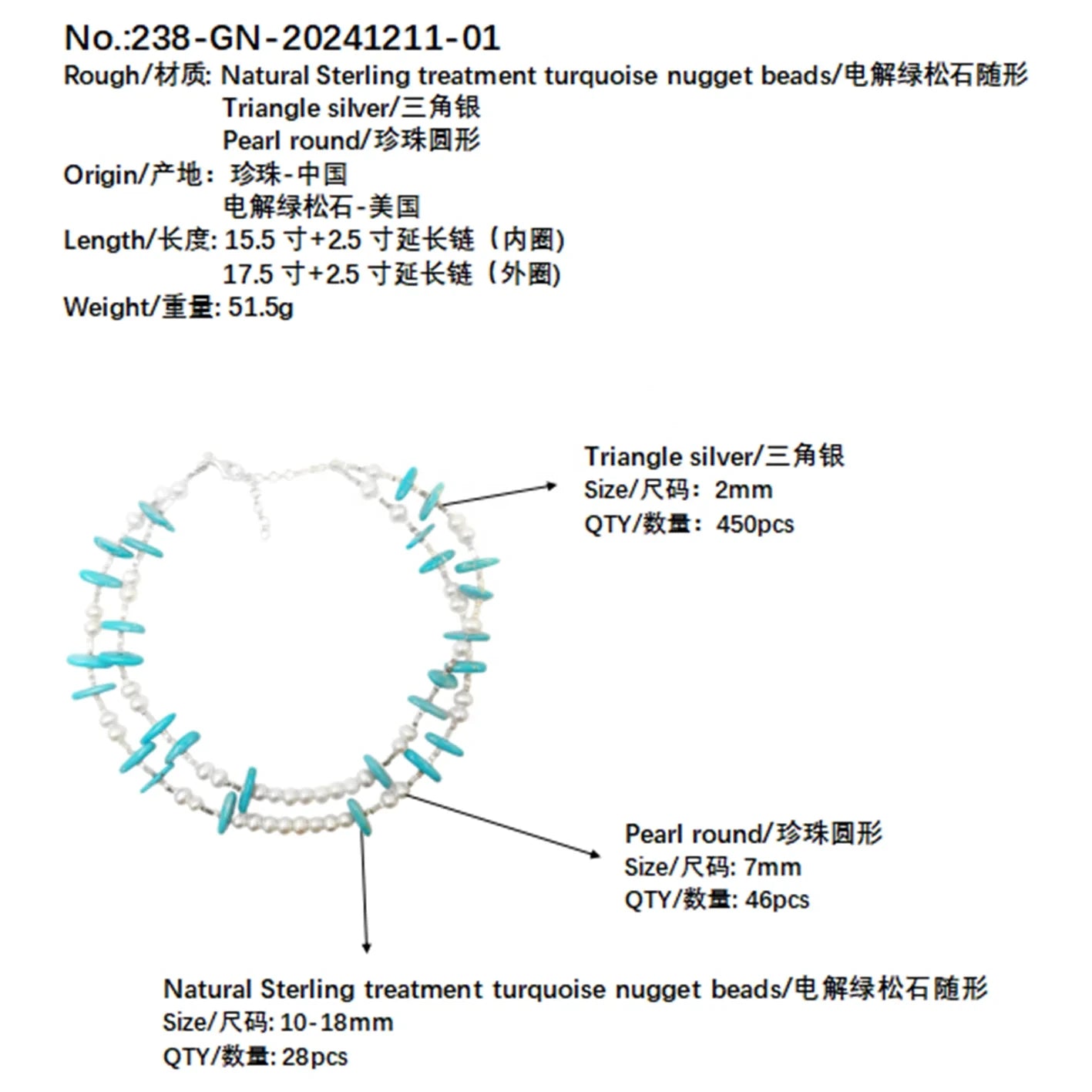 Winter Warm Gift S925 Silver And Natural Turquoise With Pearl High Quality Necklace Hot Selling Triangle Silver Necklace