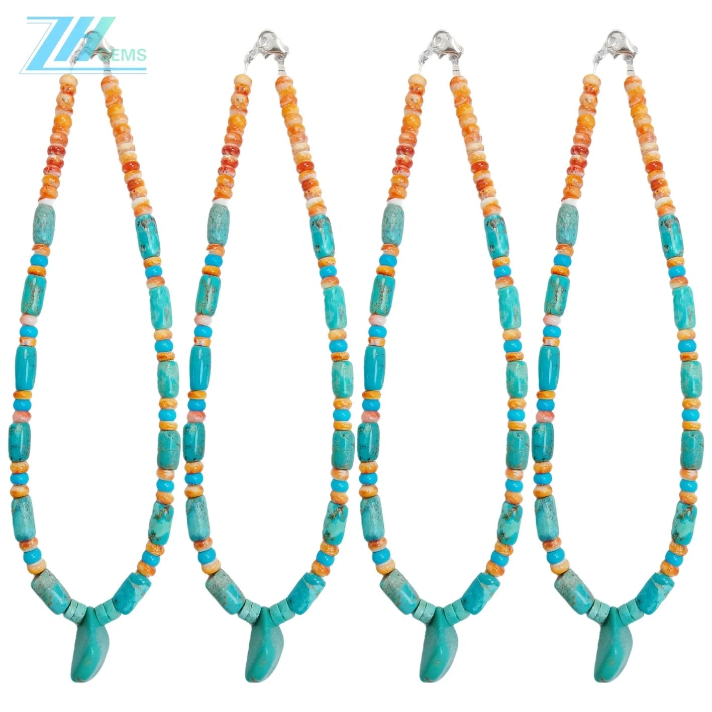 Natural Turquoise And Orange Spiny Oyster Blue Color With Orange Free-shape Barrel And Roundle Deads Necklace As Gift