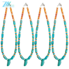 Natural Turquoise And Orange Spiny Oyster Blue Color With Orange Free-shape Barrel And Roundle Deads Necklace As Gift