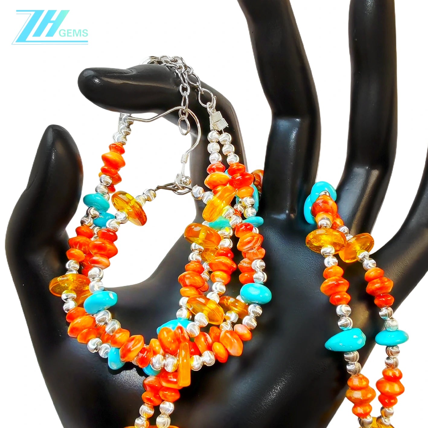 Sterling Treatment Turquoise And Orange Spiny Oyster Are Strung Into A Set By S925 Silver