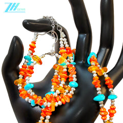 Sterling Treatment Turquoise And Orange Spiny Oyster Are Strung Into A Set By S925 Silver