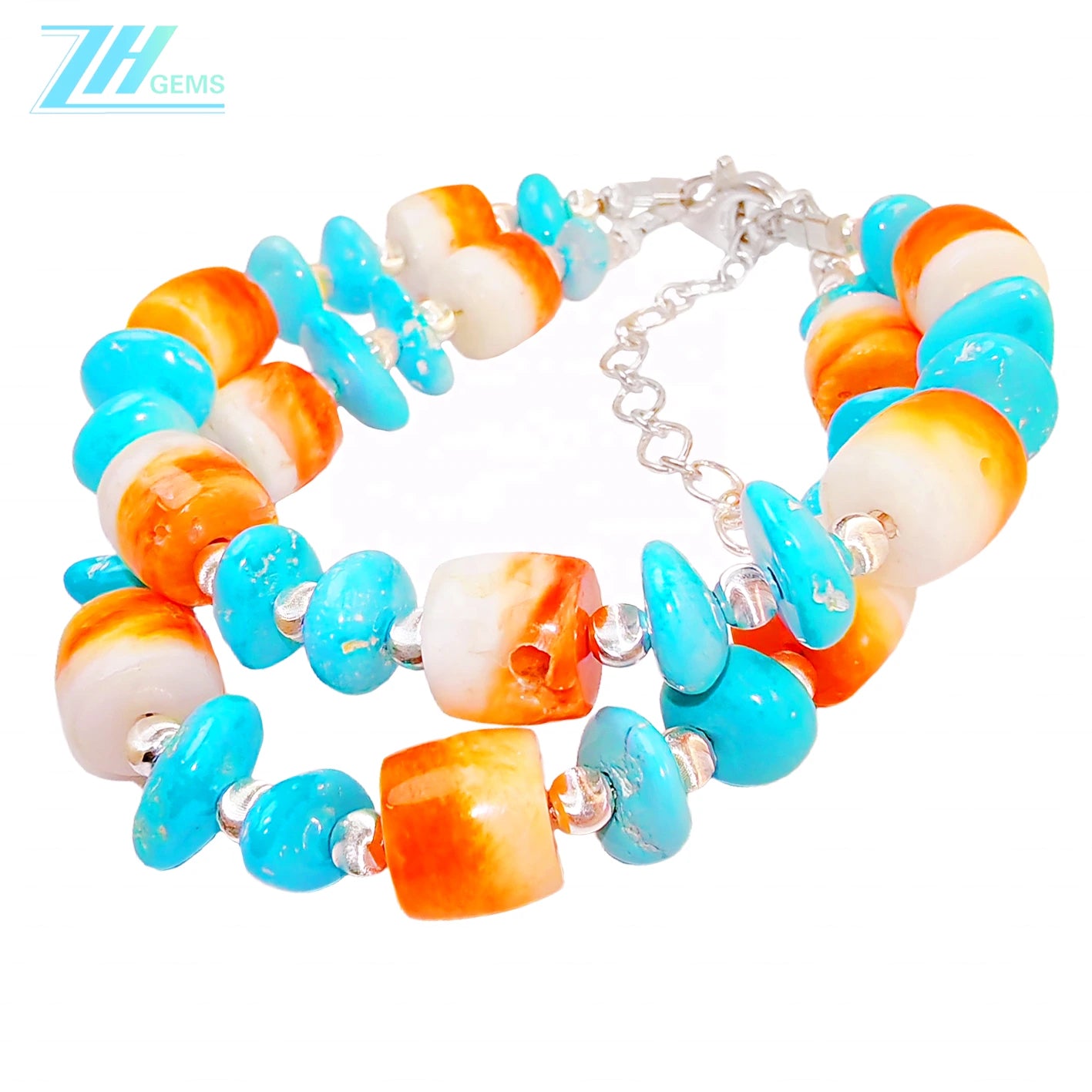 Made Of S925 Silver And Natural Sterling Treatment Turquoise This Double Layer Bracelet Is Paired With Orange Spiny Oyster