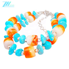 Made Of S925 Silver And Natural Sterling Treatment Turquoise This Double Layer Bracelet Is Paired With Orange Spiny Oyster